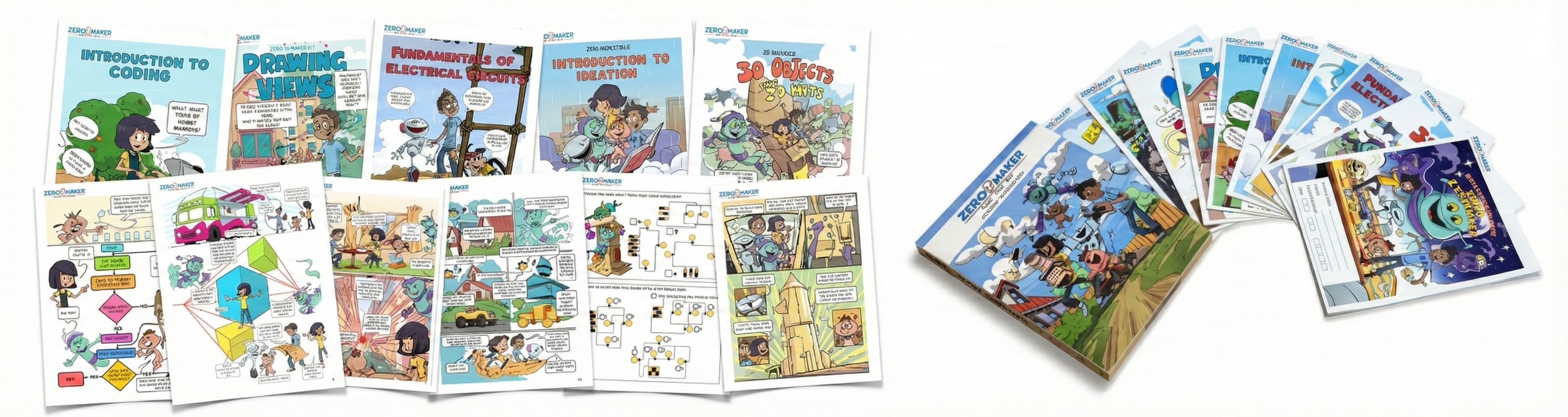 Zero2Maker Graphic Workbooks collage — comic-style STEM workbooks for students